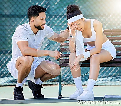 Tennis, support and loss with a sports woman feeling sad while a male athlete tries to console or comfort her. Sad, fail Stock Photo