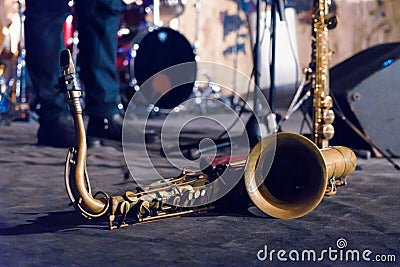 Tenor sax golden saxophone macro with selective focus on black Stock Photo