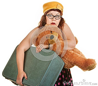 Tense Young Woman with Suitcase Stock Photo