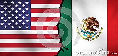 Tension Between United States and Mexico with Flags and Crack in Center. Conflict Between Border Countries representation Stock Photo