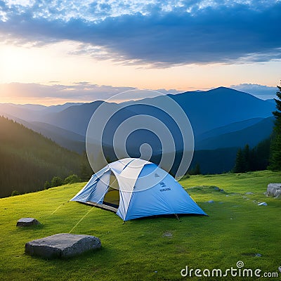 Tent against the backdrop of an incredible mountain landscape with dramatic sky and clouds. Amazing highland. Adventure travel Stock Photo