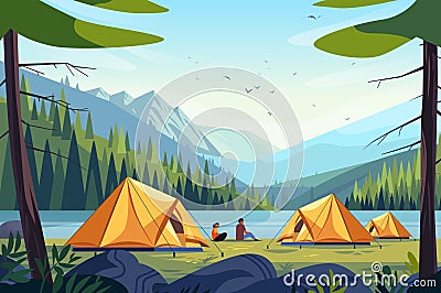 tent camp with campers sitting at river bank tourists couple resting outdoors summer landscape with people at campsite Vector Illustration