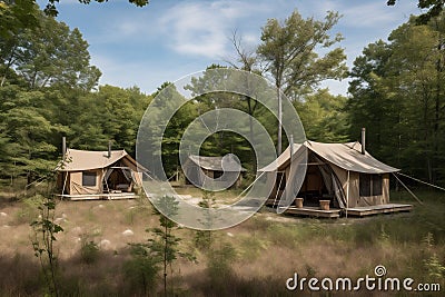 nature forest vacation camping light tent luxury canvas travel glamping. Generative AI. Stock Photo