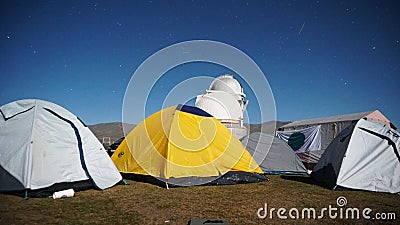 A tent camp near the observatory. Perseid starfall Stock Photo