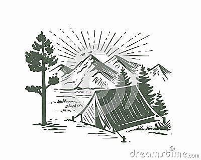 Tent camping in forest near mountains Vector Illustration