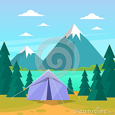 Tent Camping Tourist Forest Mountain Expedition Vector Illustration