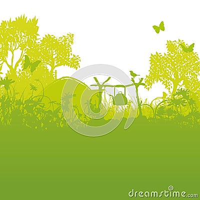 Tent and campsite in the grass and tents in the forest Vector Illustration