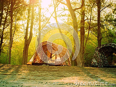 Tent in forest trekking camp Stock Photo