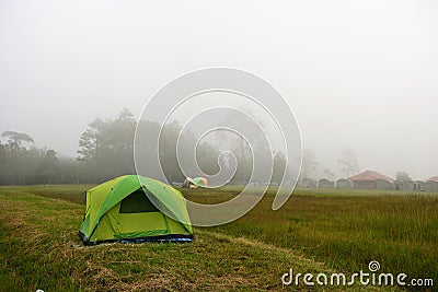 Tent in the mist at camping site Stock Photo