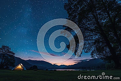 A tent is pitched beneath a clear night sky filled with stars, An idyllic camping scene under a twinkling starry summer sky, AI Stock Photo