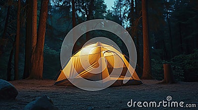 Tent Pitched in Dark, Forested Woods at Night Stock Photo