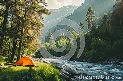 Tent Pitched Next to River Stock Photo