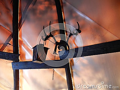 Tent with reindeer antlers and a lantern Stock Photo