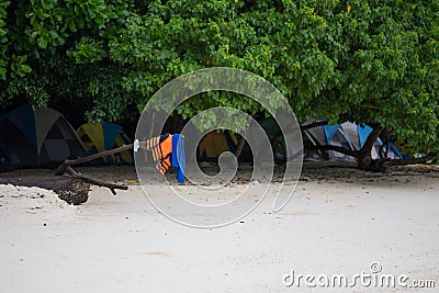 Tent set on sand beach for staying overnight and with tree cover Stock Photo