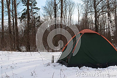 Tent in the snow, camping in winter, Stock Photo