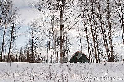 Tent in the snow, camping in winter, Stock Photo