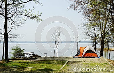 A tent at a waterfront campsite of Jordan Lake State Park campground near Raleigh North Carolina Stock Photo