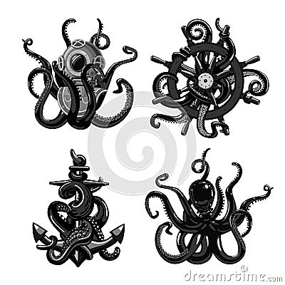 Black and white tattoo set with octopus. Tentacles with anchor helmet and helm. Isolated on white clip art collection. Vector Illustration