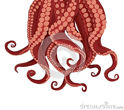 Tentacles octopus and cuttlefish. Purple tentacles kraken red suckers. Vector Illustration
