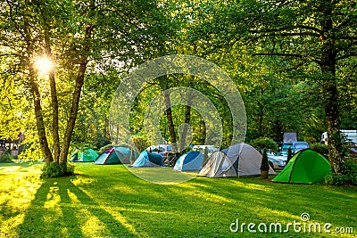 Tents Camping area, early morning, beautiful natural place Stock Photo