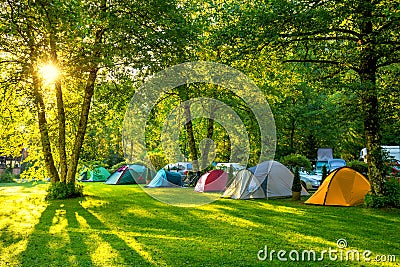 Tents Camping area, early morning with sunshine Stock Photo