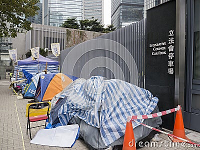 Tents in front of Legislative Council Car Park - Umbrella Revolution, Admiralty, Hong Kong Editorial Stock Photo