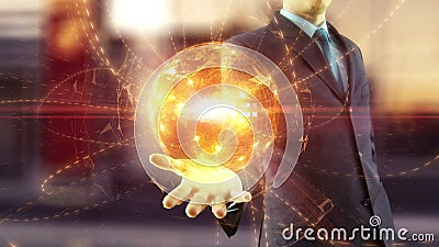 Tenuta dell'uomo d'affari sulla rete digitale globale della mano Tenuta dell'uomo d'affari sulla rete digitale globale della mano