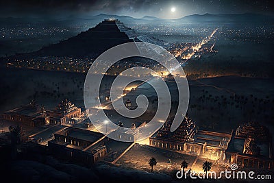 Teotihuacan at night in Mexico, fantasy aerial view of ancient pyramids, generative AI Stock Photo
