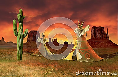 Tepee of Indians, Native Americans in the prairie illustration Stock Photo