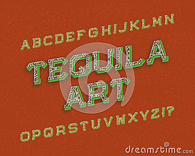 Tequila Art typeface. Retro font. Isolated english alphabet Vector Illustration