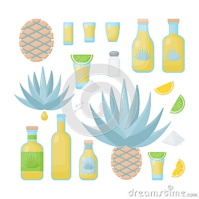 Tequila and blue agave flat icon set Cartoon Illustration