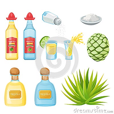 Tequila bottles, shot glass, agave root, vector illustration. Mexican alcohol drinks and cocktails menu design elements Vector Illustration
