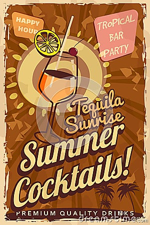 Tequila Cocktail Retro poster. Cocktail lounge vintage sign, Vector Illustration