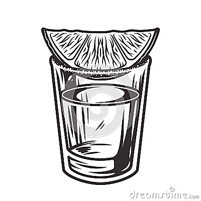 Tequila cocktail shot with lime and salt Vector Illustration