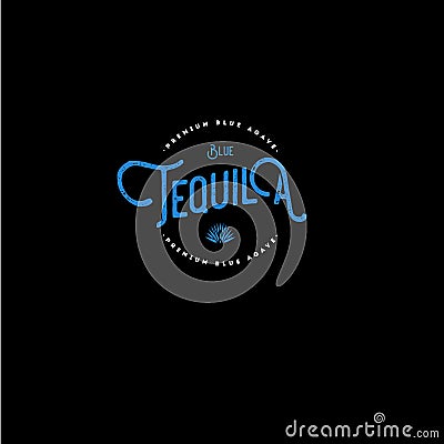 Tequila emblem. Beautiful blue vintage letters on dark background. Vector Illustration