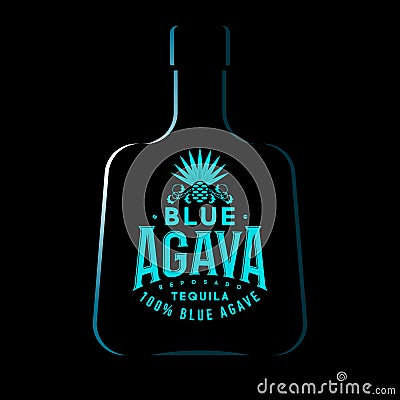 Blue Agave Tequila logo. Tequila emblem. Blue vintage letters and agave plant on dark background. Vector Illustration