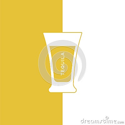 Tequila glass in minimalist linear style with text. Contour of the glassware on right side in form of fine line. Drink is depicted Vector Illustration