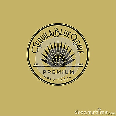 Tequila logo. Gold tequila label. Blue agave premium tequila. Agave in a circle on a yellow background. Vector Illustration