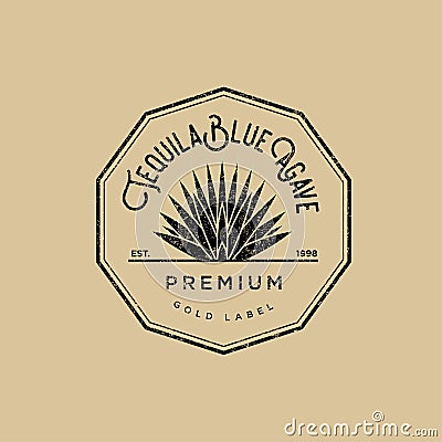 Tequila logo. Gold tequila label. Blue agave premium tequila. Vector Illustration