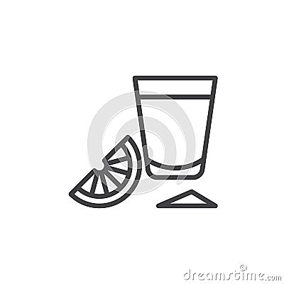 Tequila shot glass with lime slice line icon, outline vector sign, linear style pictogram isolated on white. Vector Illustration