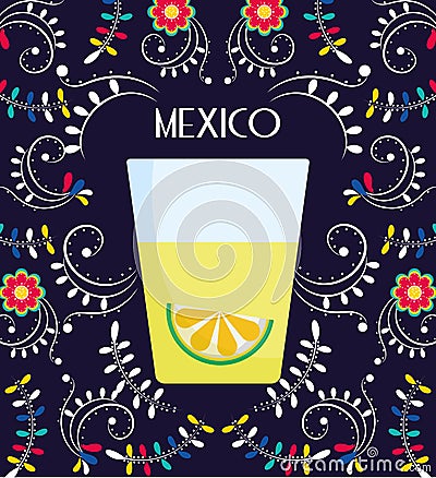 Tequila shot with lime flowers floral mexican food, traditional celebration design Vector Illustration