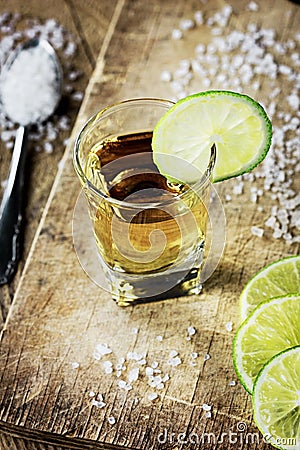 Tequila shot with lime and salt Stock Photo