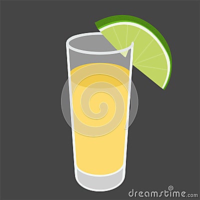 Tequila shot with lime slice. Drink glass isolated on gray background. Vector illustration Vector Illustration