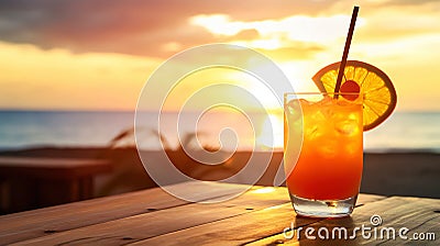 Tequilla Sunrise cocktail on background with blue sea and sunrise sky tropical background. Generative AI Stock Photo