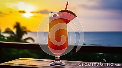 Tequilla Sunrise cocktail on background with blue sea and sunrise sky tropical background. Generative AI Stock Photo