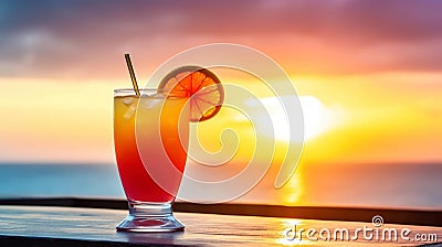 Tequilla Sunrise cocktail on background with blue sea and sunrise sky tropical background. Generative AI Stock Photo