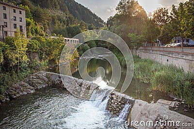 The Ter river cascading through the outskirts of Ripoll town. Stock Photo