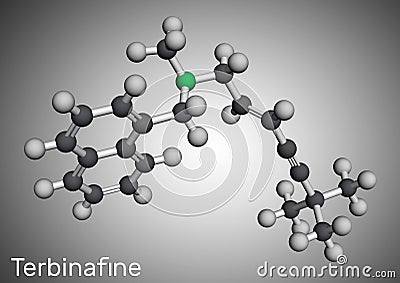 Terbinafine molecule. It is allylamine antifungal used to treat dermatophyte infections of toenails and fingernails. Molecular Stock Photo