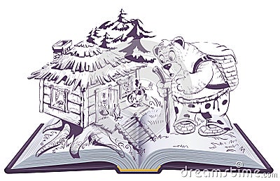 Teremok russian fairy tale open book illustration. Bear and house with animals Vector Illustration