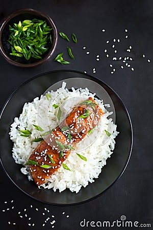 Teriyaki salmon and rice Stock Photo